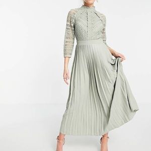 Little Mistress lace detail Sage green Midaxi dress